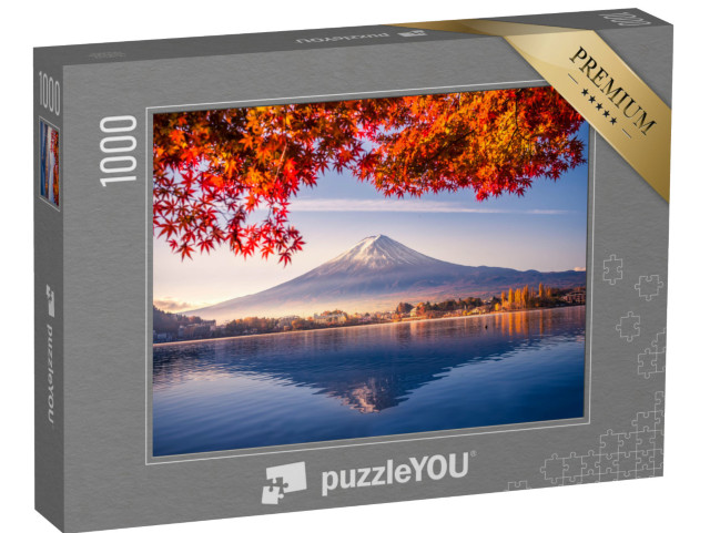 puzzle 1000 dílků „Podzimní ráno na hoře Fudži s červeným listím u jezera Kawaguchiko, Japonsko“