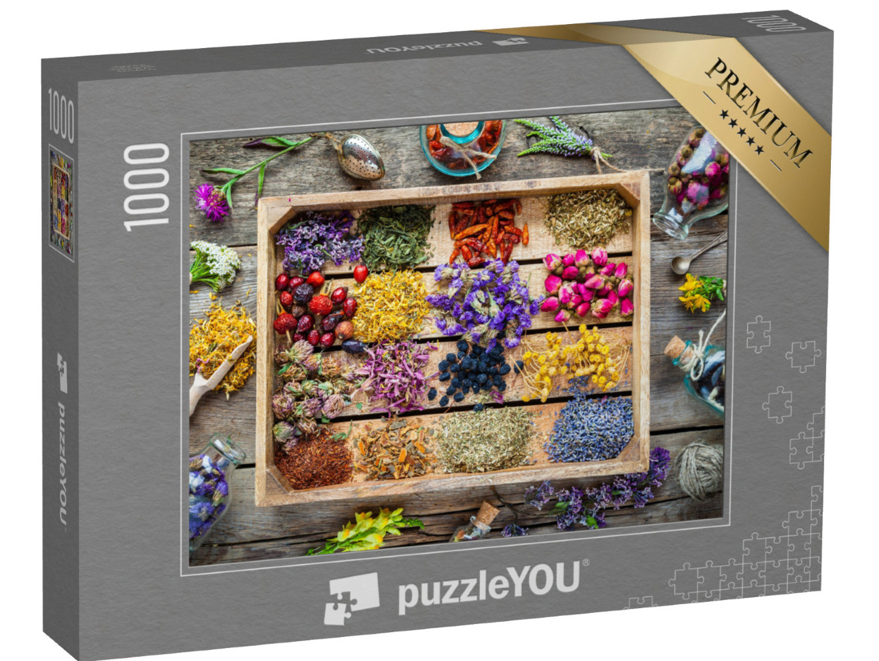 puzzle 1000 dílků „Dřevěná krabička s léčivými bylinami“