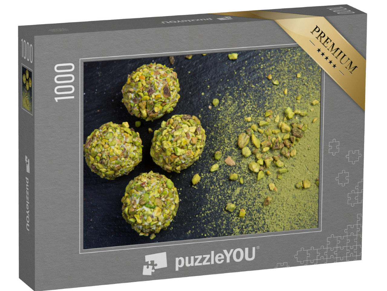 puzzle 1000 dílků „Sladké čokoládové pralinky obalené pistáciemi“