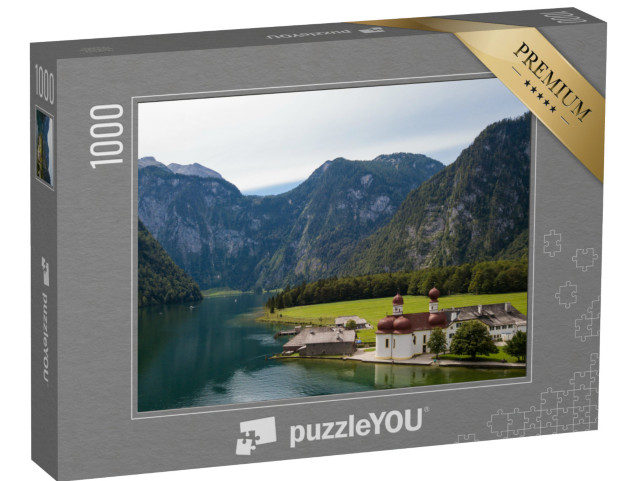 puzzle 1000 dílků „Nádherný výhled na kostel svatého Bartoloměje s horami Watzmann a Zugspitze“