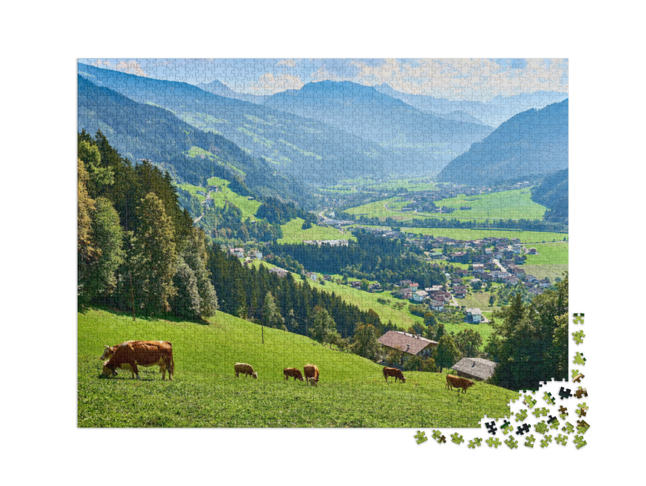 puzzle 2000 dílků „Pohled na krásný Zillertal v Tyrolsku, Rakousko“