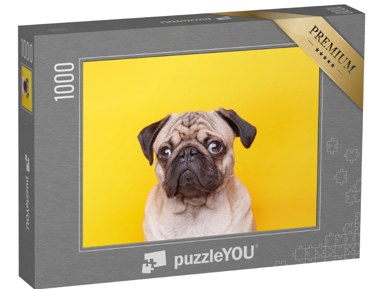 puzzle 1000 dílků „Mops se stříbrnýma očima a rozkošným obličejem“