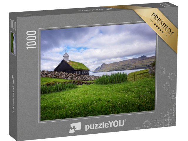 puzzle 1000 dílků „Dřevěný kostel na pobřeží, Faerské ostrovy, Dánsko“