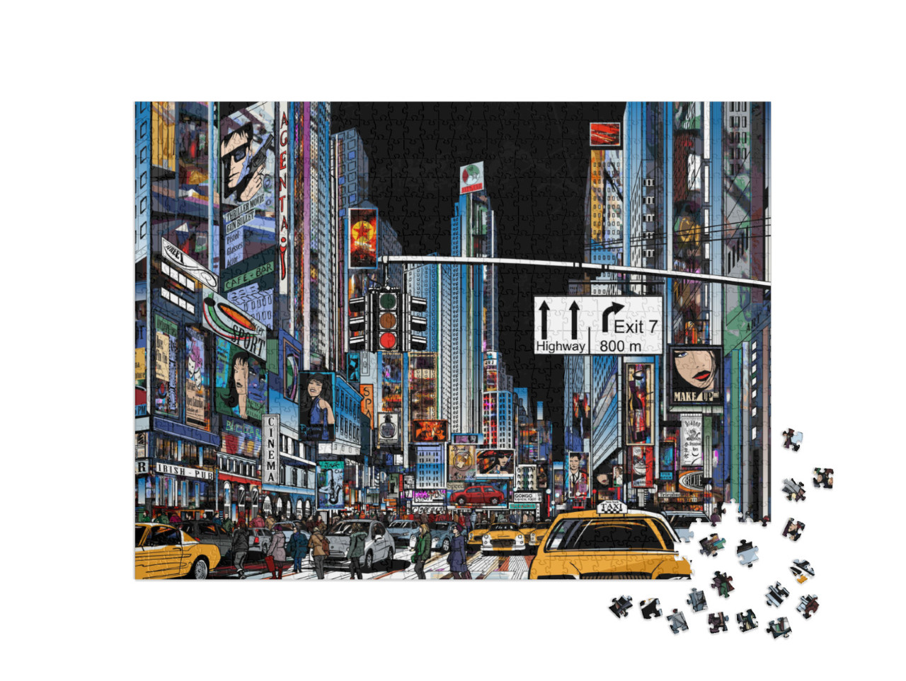 puzzle 1000 dílků „Vektorová ilustrace ulice v New Yorku v noci, USA“
