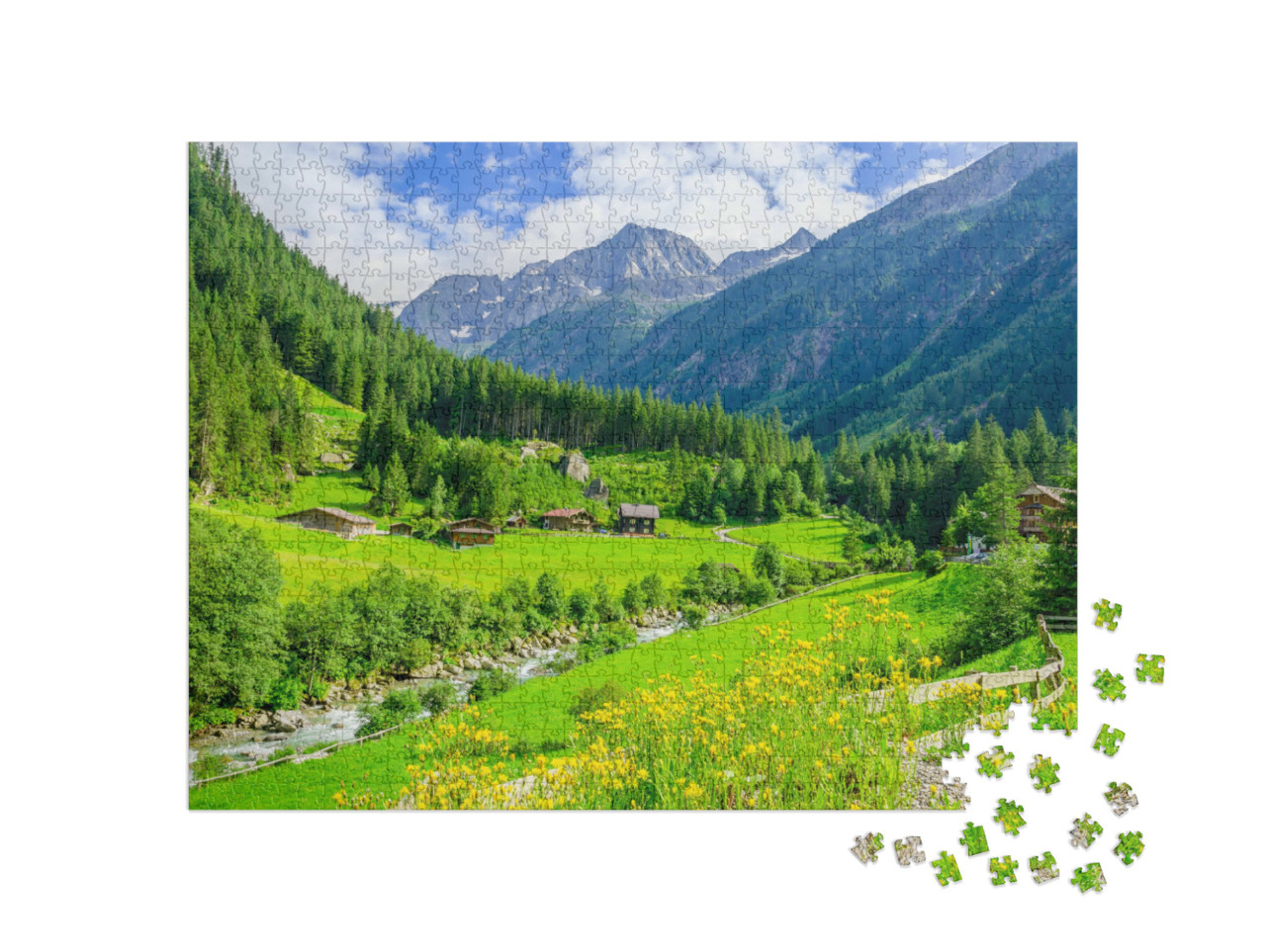 puzzle 1000 dílků „Zelené louky v Zillertalských Alpách, Rakousko“