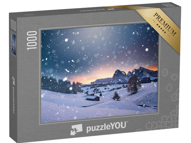 puzzle 1000 dílků „Malá zimní chata v magickém západu slunce, Alpe di Siusi, Itálie“