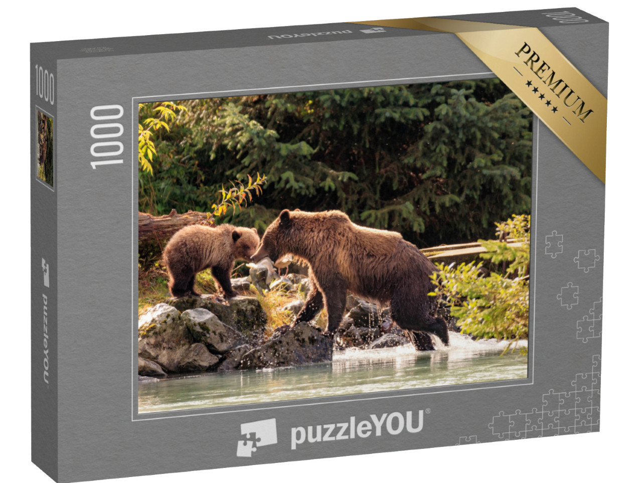 puzzle 1000 dílků „Medvědí matka rybařící s mláďaty, Aljaška“