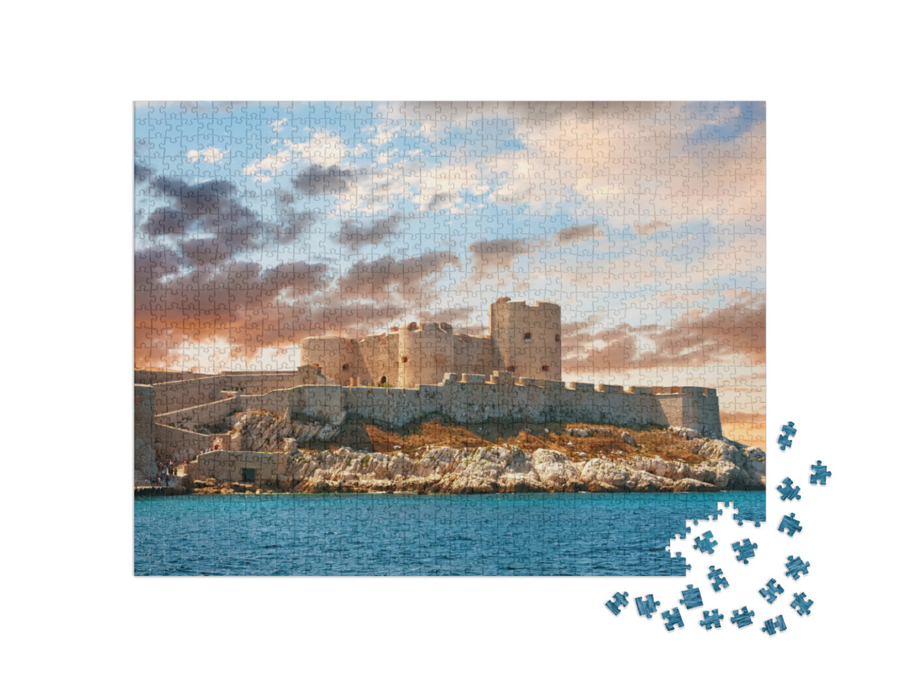 puzzle 1000 dílků „Barevný západ slunce nad hradem v Marseille“