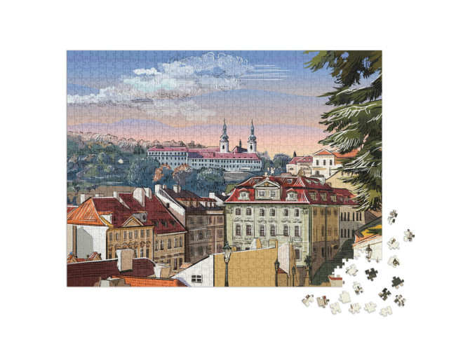 puzzle 1000 dílků „Panoramatická krajina Prahy s vektorovou ruční kresbou, Česká republika“