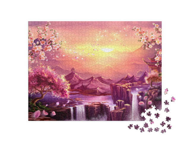 puzzle 1000 dílků „Květ japonské třešně v soumraku hor“