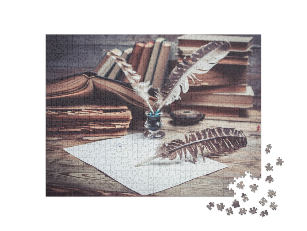 puzzle 1000 dílků „Vintage knihy zátiší, inkoust a tuše“