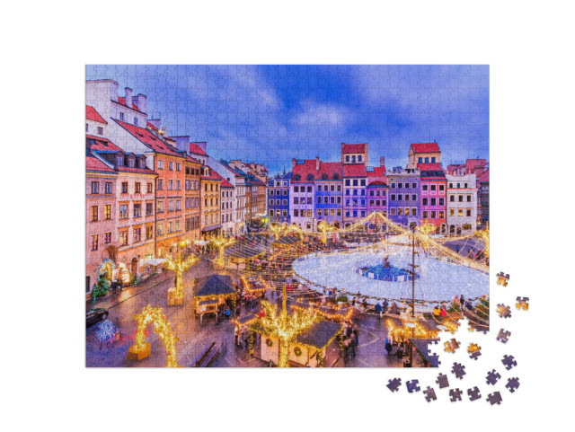 puzzle 1000 dílků „Kluziště a vánoční trh v centru Varšavy, Polsko“