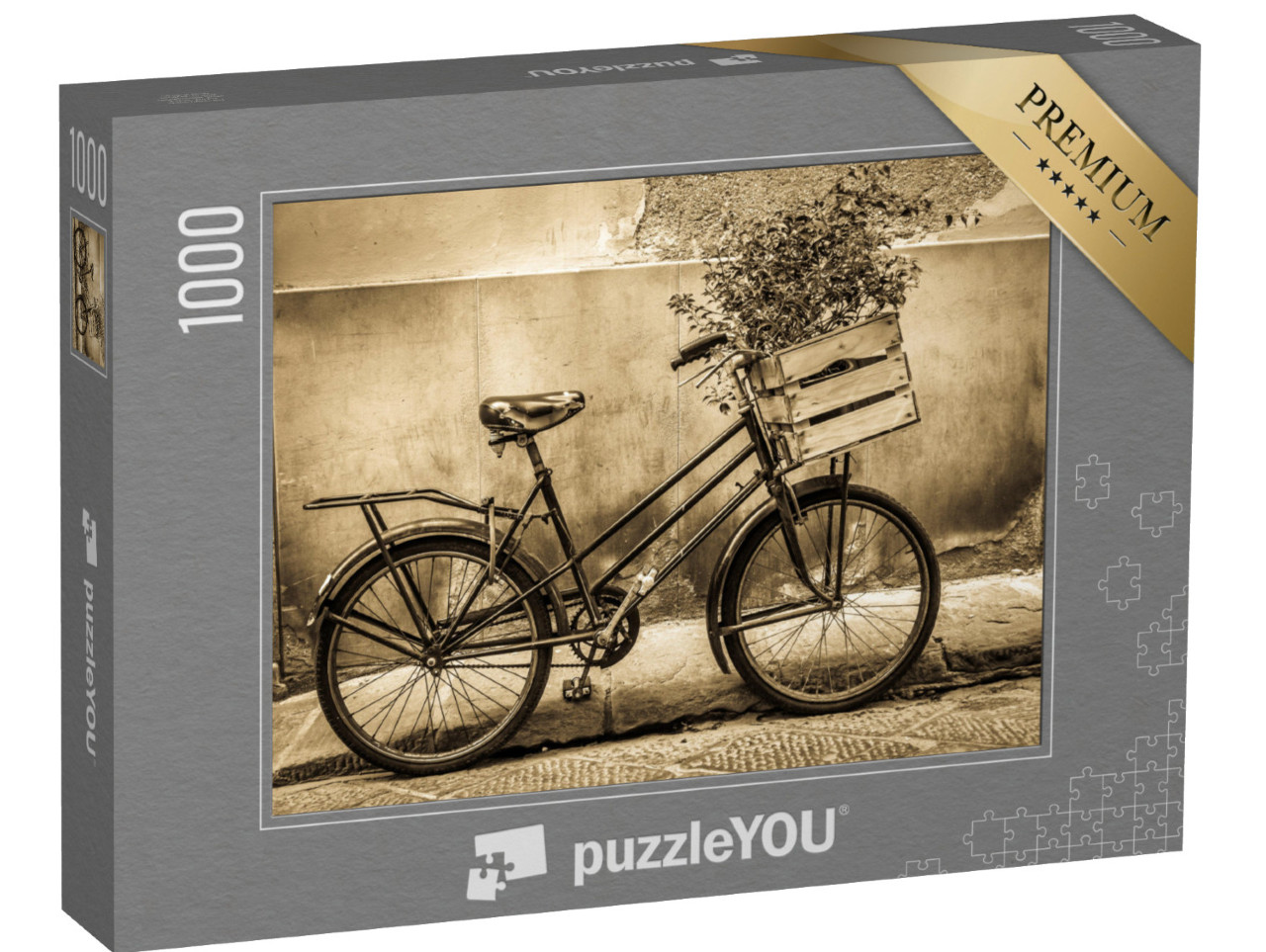 puzzle 1000 dílků „Historické jízdní kolo s rostlinami v přepravním boxu na řídítkách“