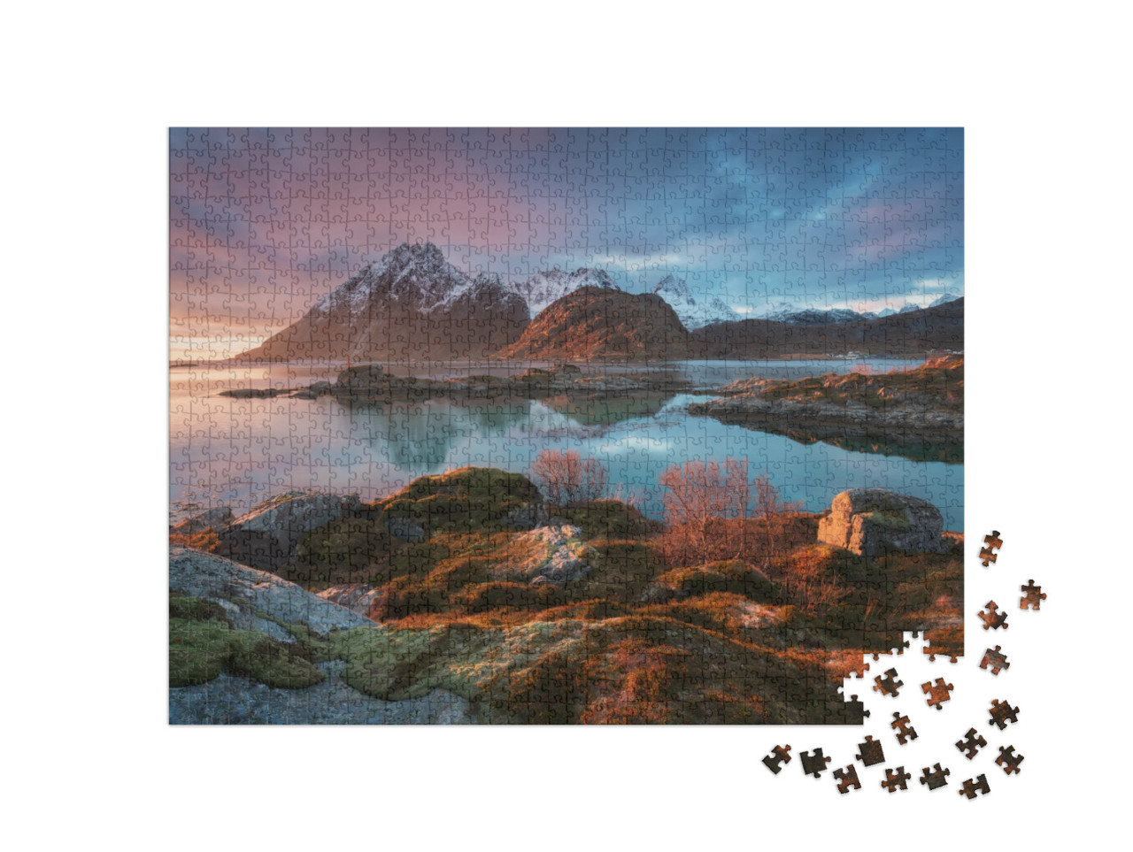puzzle 1000 dílků „Kouzelný východ slunce na Lofotských ostrovech, Norsko“