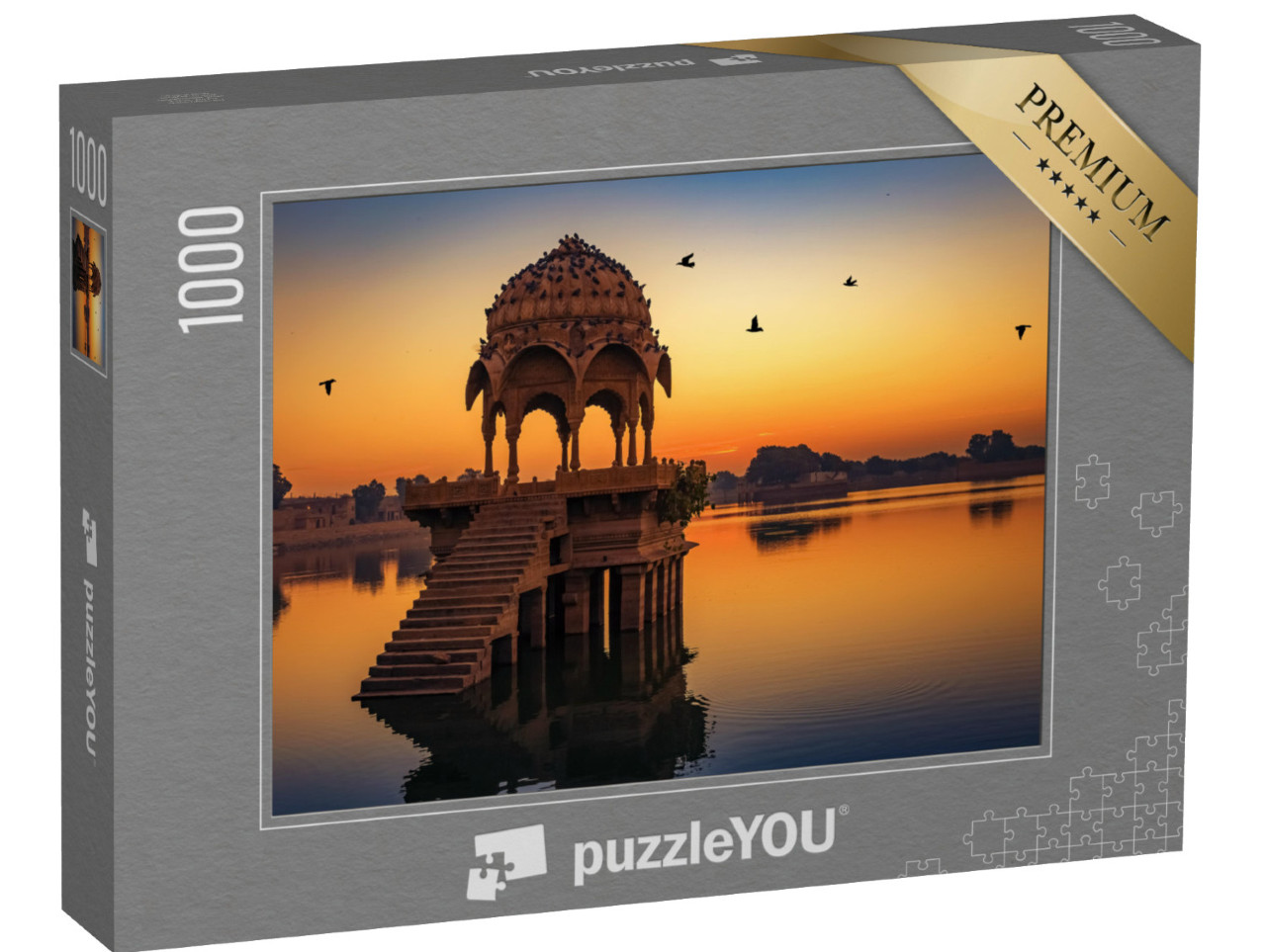 puzzle 1000 dílků „Ruiny starověkého chrámu: východ slunce u jezera Gadi Sagar, Džajpur, Indie“