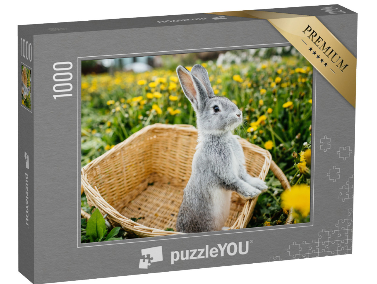 puzzle 1000 dílků „Šedý králík v košíku na pampeliškové louce“