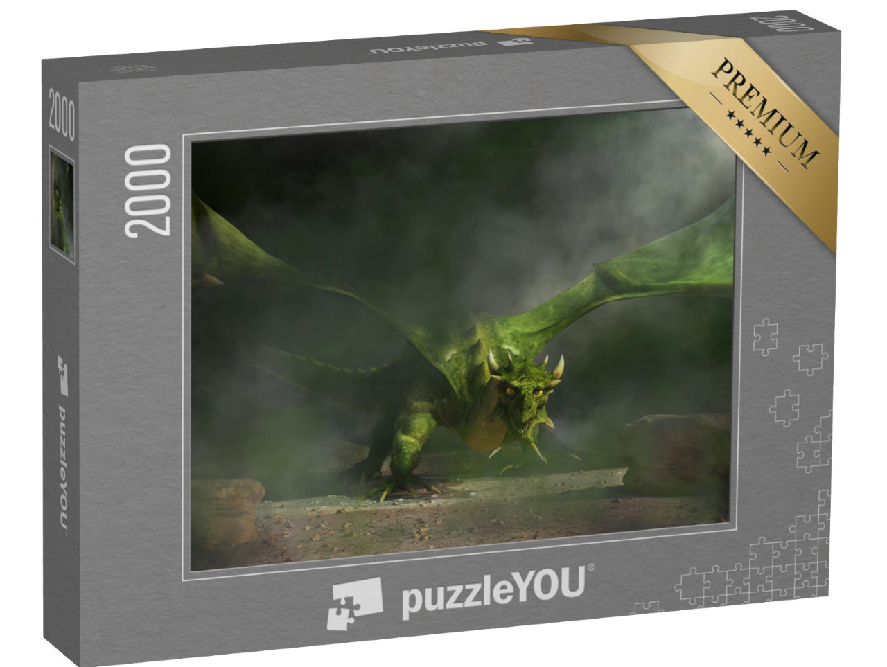 puzzle 2000 dílků „Z temného kouře a mlhy se vynoří obrovský zelený drak.“