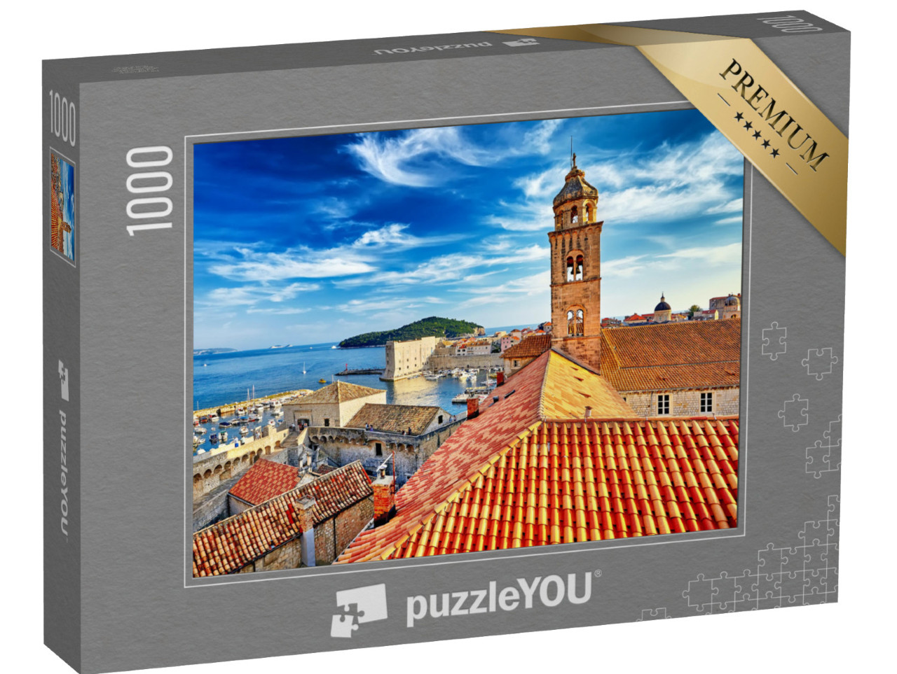 puzzle 1000 dílků „Pohled přes střechy: staré město Dubrovník při západu slunce, Chorvatsko“