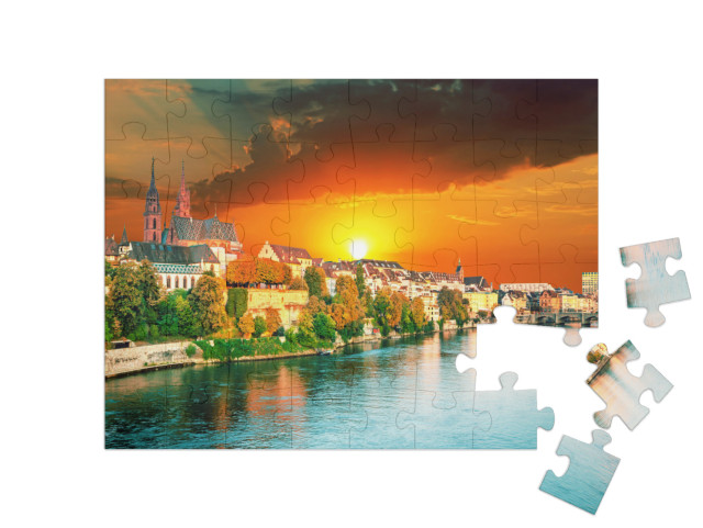 puzzle 48 dílků „Západ slunce nad starým městem Basileje na Rýně, Švýcarsko“