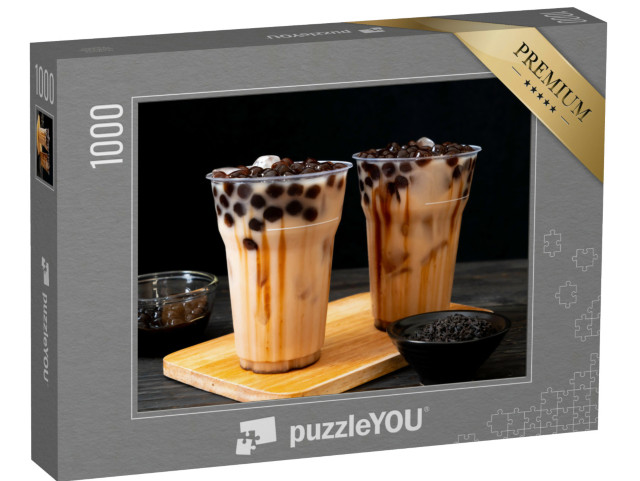 puzzle 1000 dílků „Tchajwanský mléčný čaj s bublinou na dřevěném pozadí...“