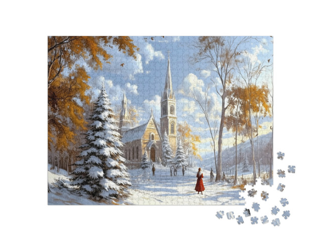 puzzle 1000 dílků „Zasněžený kostel na Štědrý den ráno“