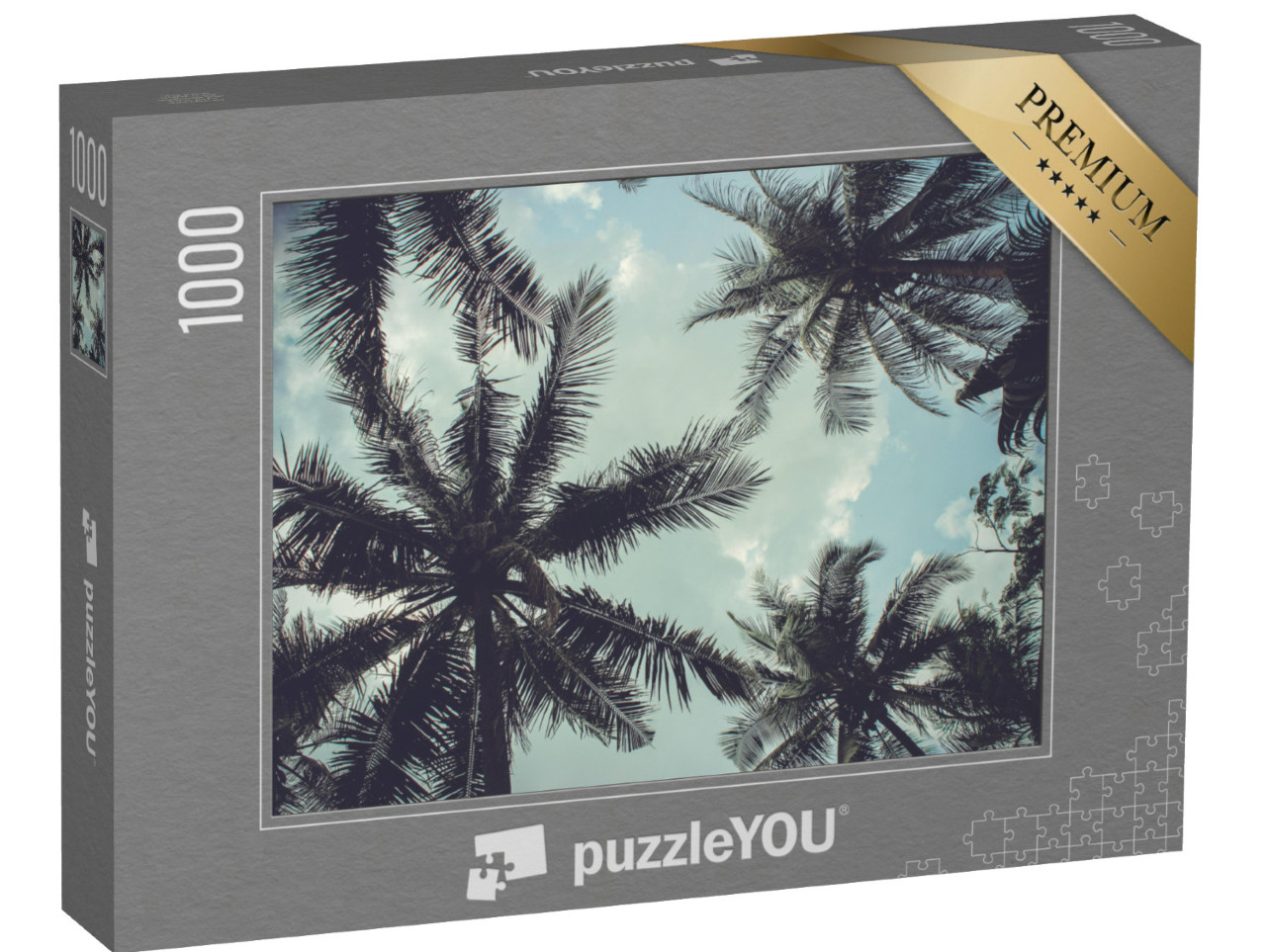 puzzle 1000 dílků „Větve kokosových palem na pozadí modré oblohy“