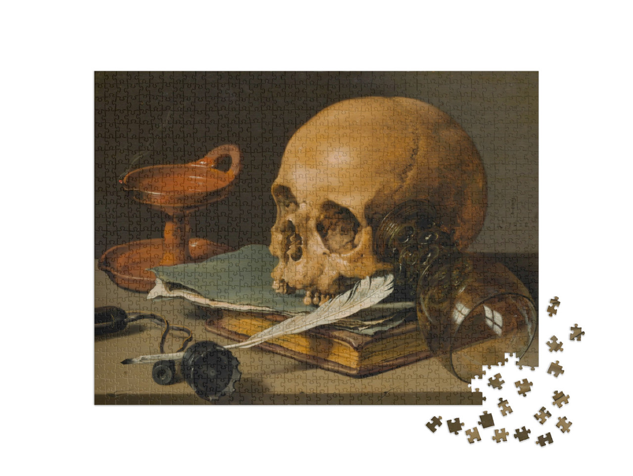 puzzle 1000 dílků „Pieter Claesz - Zátiší s lebkou a perem“