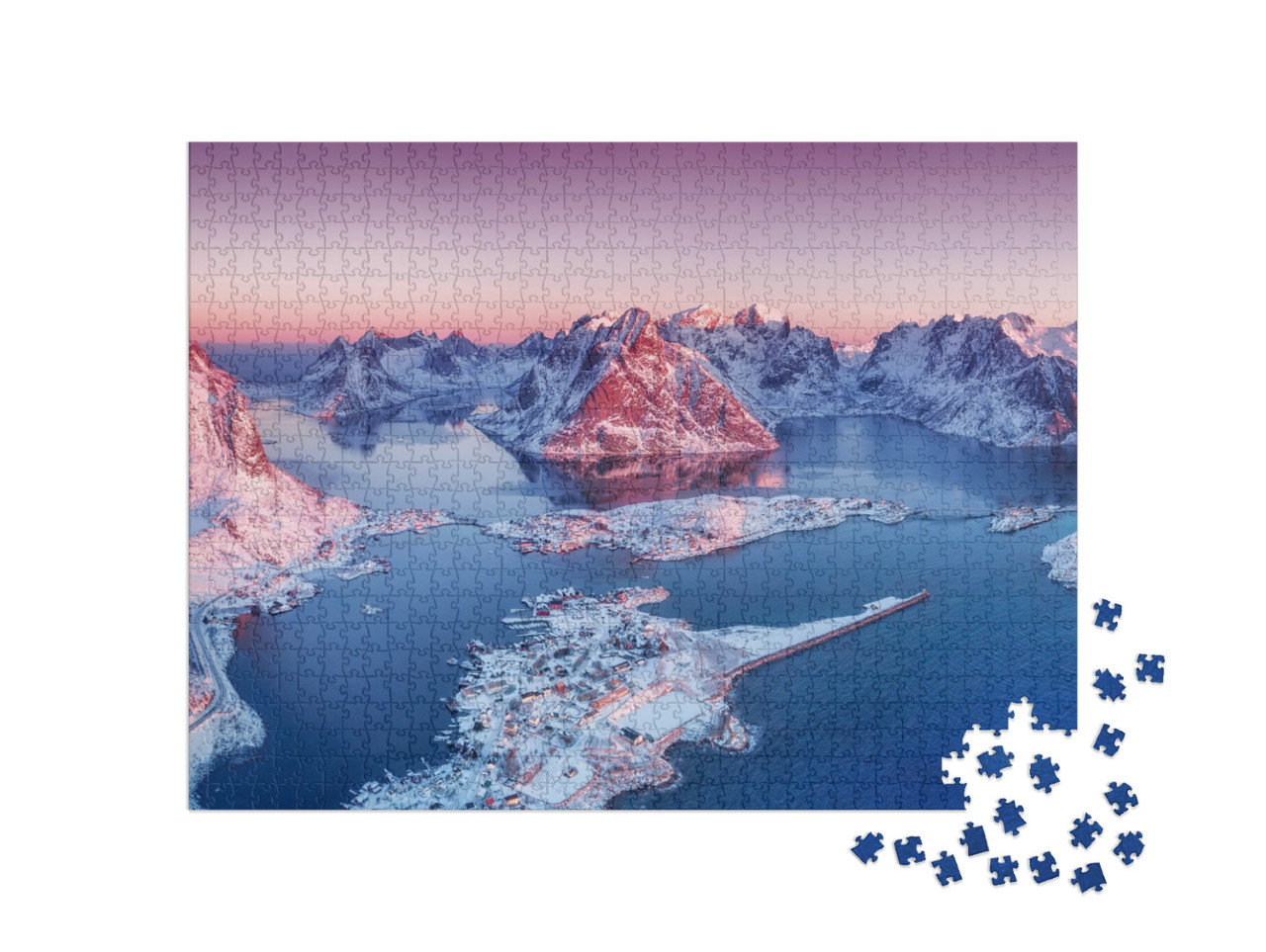 puzzle 1000 dílků „Letecký pohled na Lofoty při západu slunce: hory a moře“