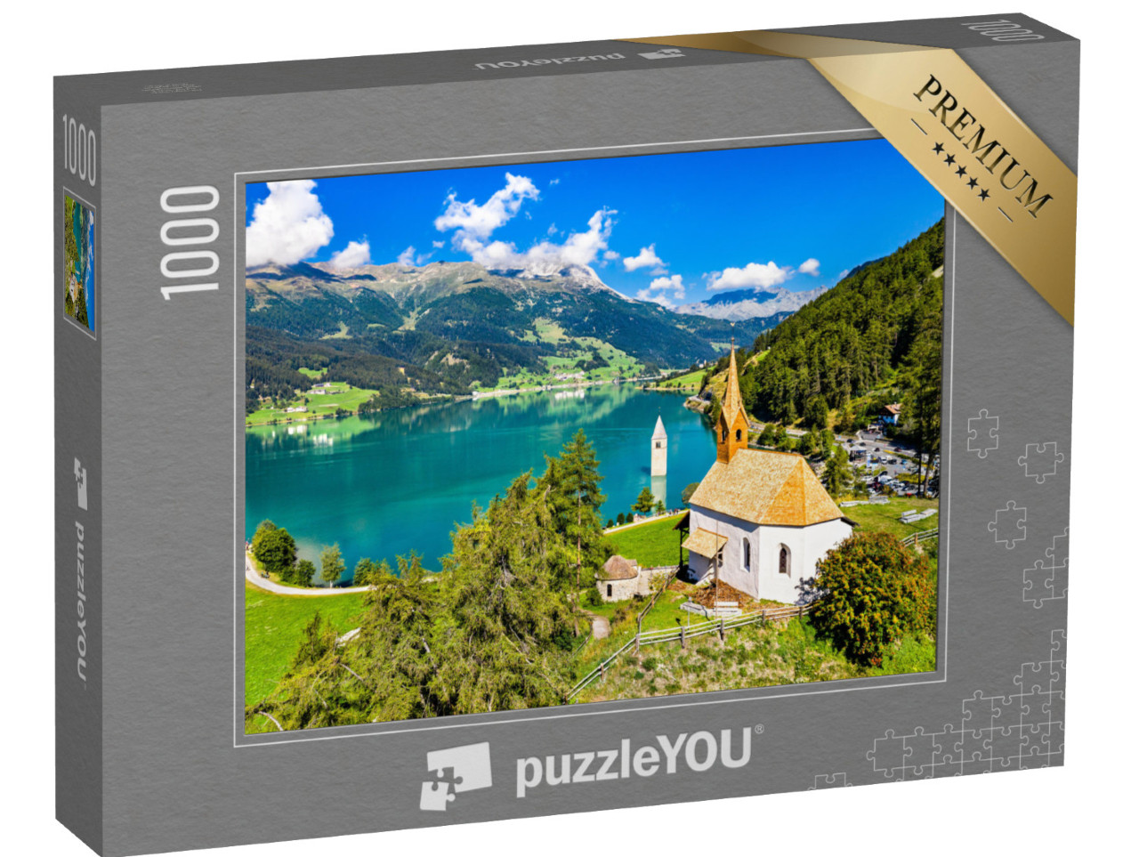 puzzle 1000 dílků „Kaple svaté Anny a zahloubená zvonice v Curonu, údolí Vinschgau“