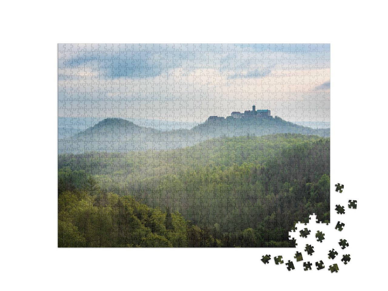 puzzle 1000 dílků „Hrad Wartburg v ranní mlze, Durynský les“