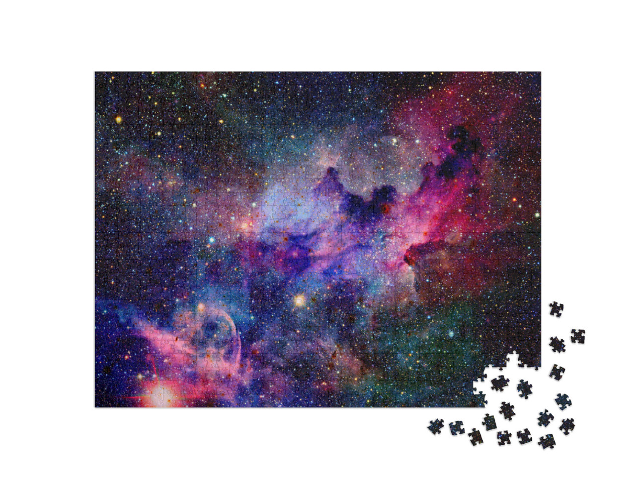 puzzle 1000 dílků „Mlhoviny a galaxie ve vesmíru, jasné barvy, červená, fialová, modrá“