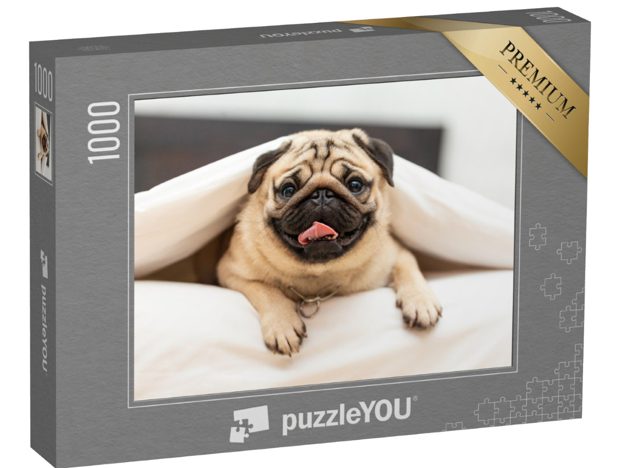 puzzle 1000 dílků „Mops pod útulnou bílou dekou“