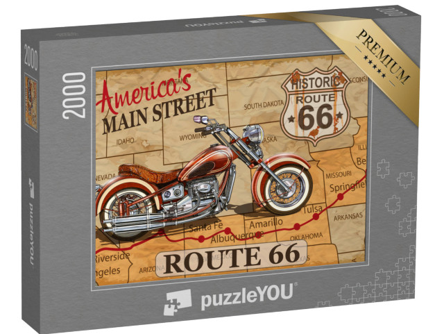 puzzle 2000 dílků „Vintage plakát na motorku: Route 66“
