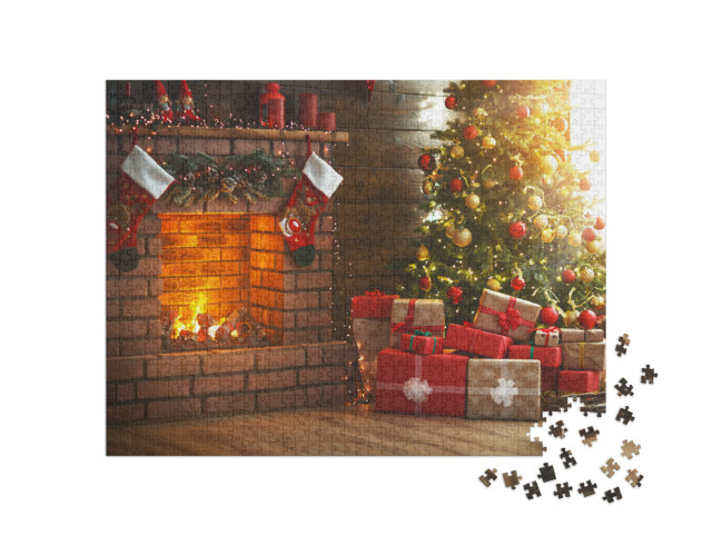 puzzle 1000 dílků „Vánoční pokoj, vánoční stromek, krb a dárky“