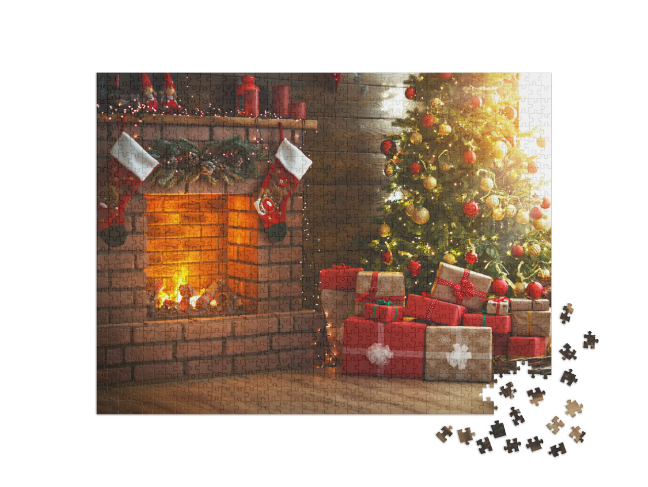 puzzle 1000 dílků „Vánoční pokoj, vánoční stromek, krb a dárky“