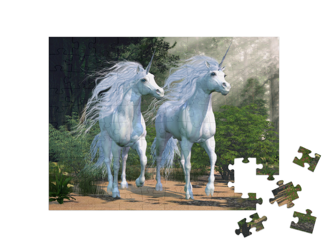 puzzle 100 dílků „Okouzlující jednorožci v kouzelném lese“