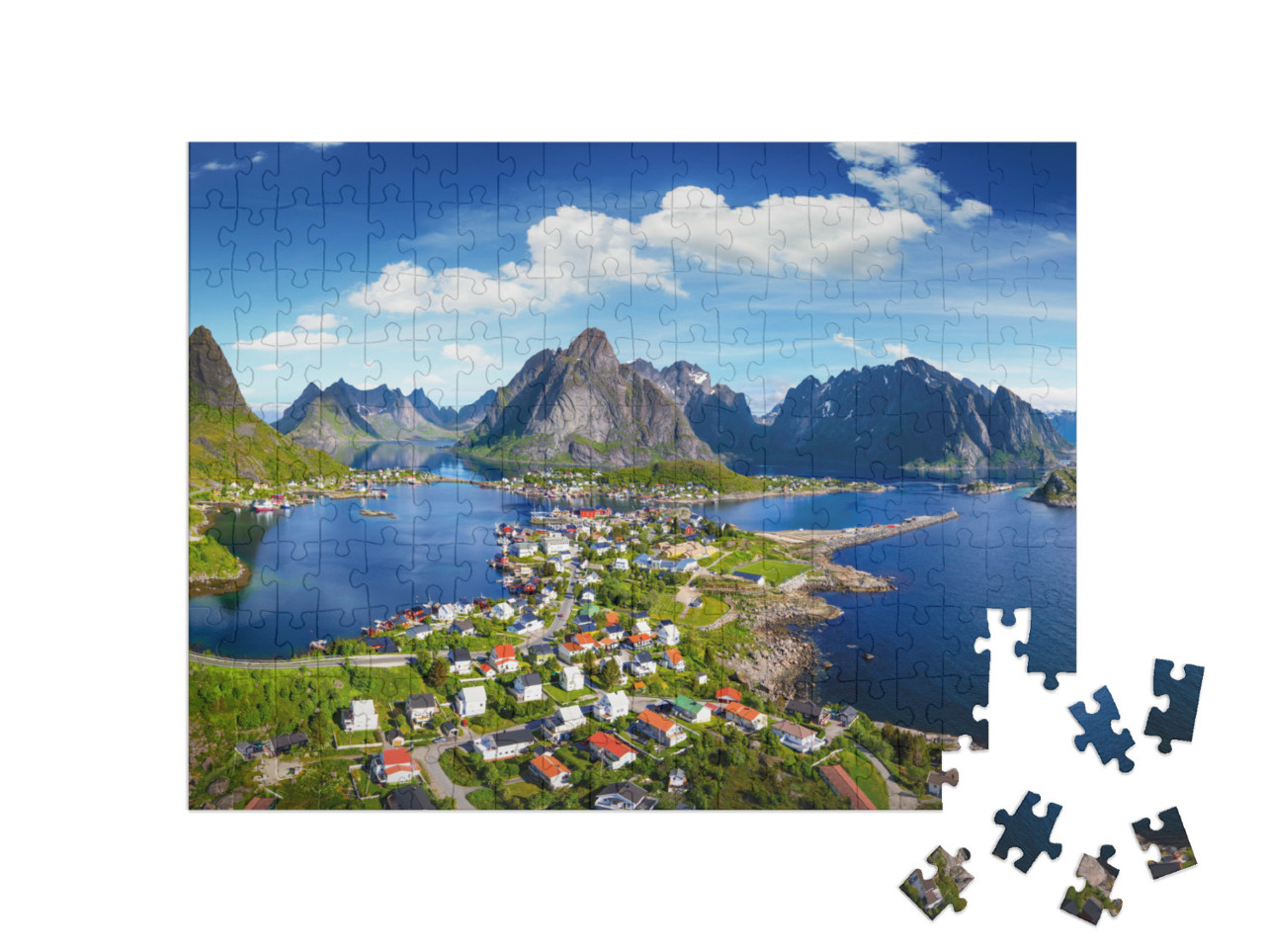 puzzle 200 dílků „Vesnice Reine pod slunečnou modrou oblohou, Lofoty, Norsko“