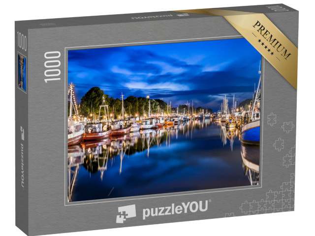 puzzle 1000 dílků „Noční pohled na lodě a Baltské moře ve Warnemünde, Rostock, Německo“