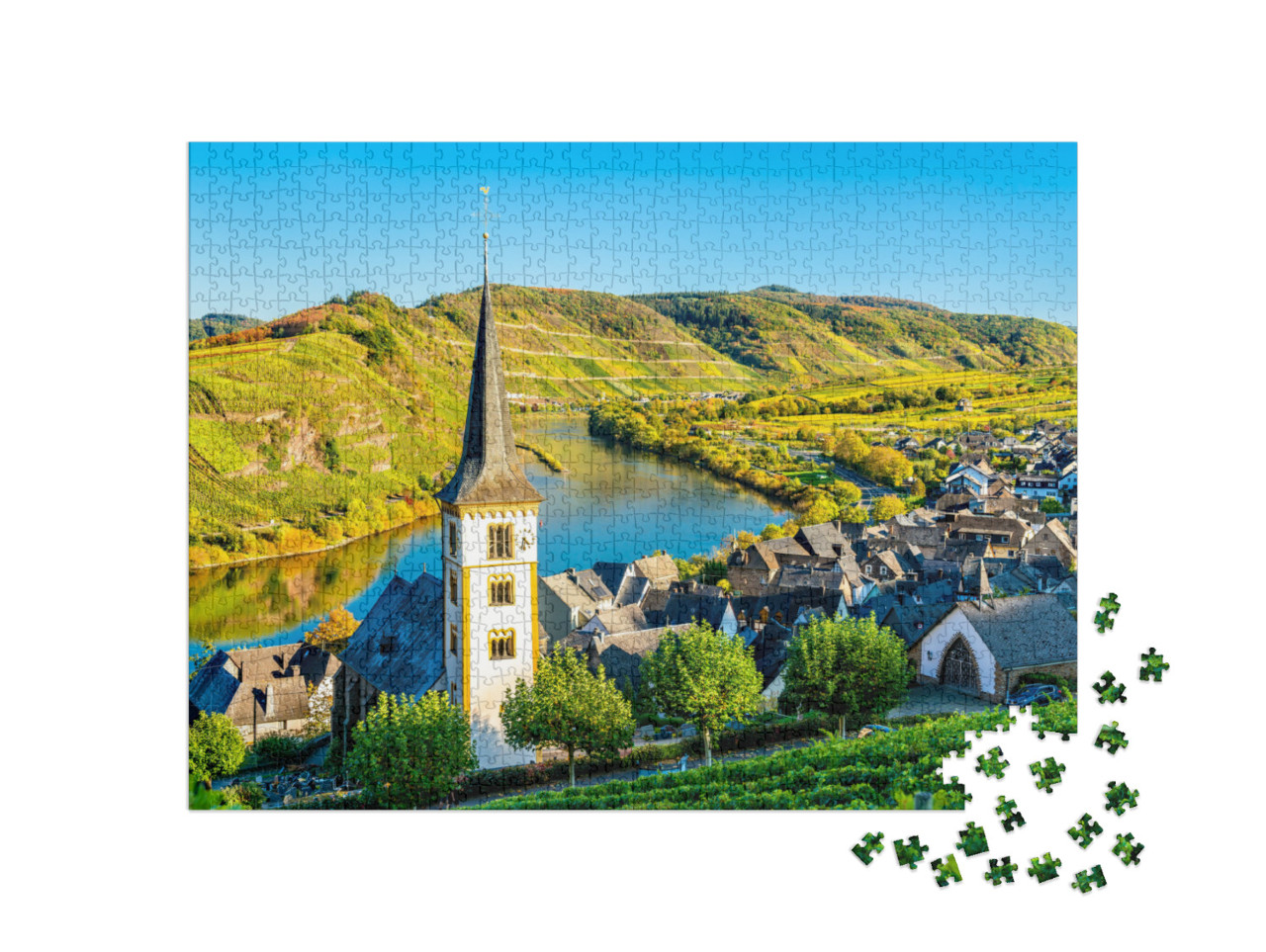 puzzle 1000 dílků „Kostel svatého Vavřince v ohbí Mosely, Bremm, Porýní-Falc, Německo“