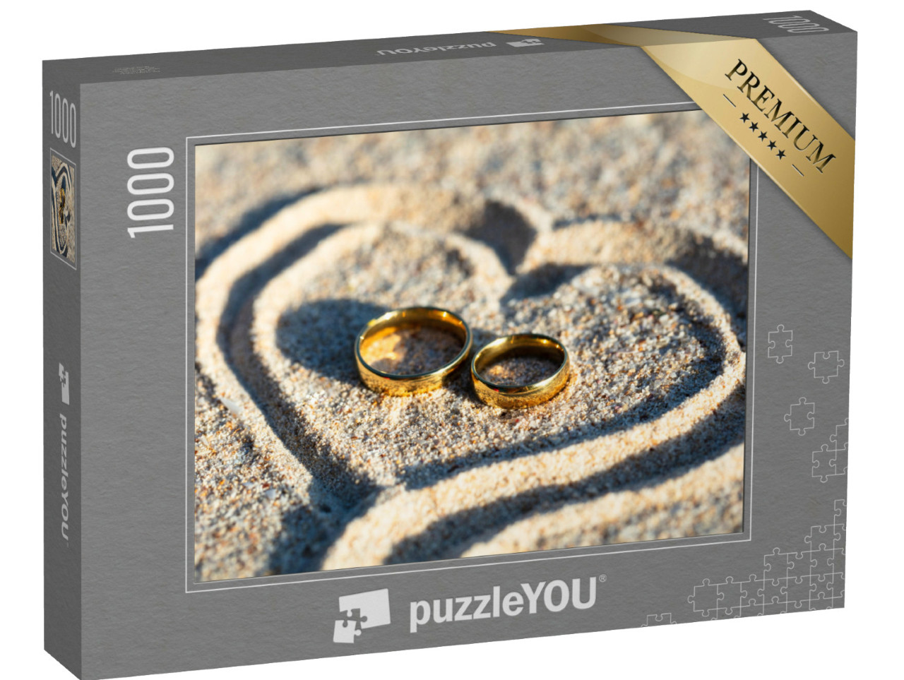 puzzle 1000 dílků „Pohled z nadhledu na zlaté snubní prsteny uvnitř Th“