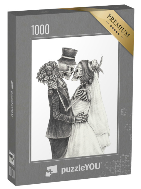 puzzle 1000 dílků „Pár svatebních lebek. Ruční kresba na papíře.“