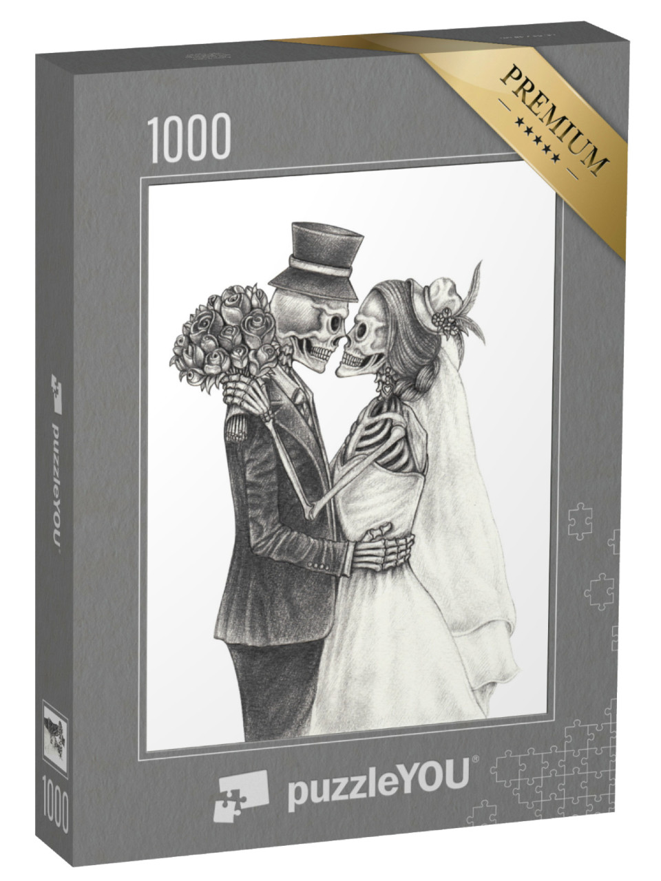 puzzle 1000 dílků „Pár svatebních lebek. Ruční kresba na papíře.“
