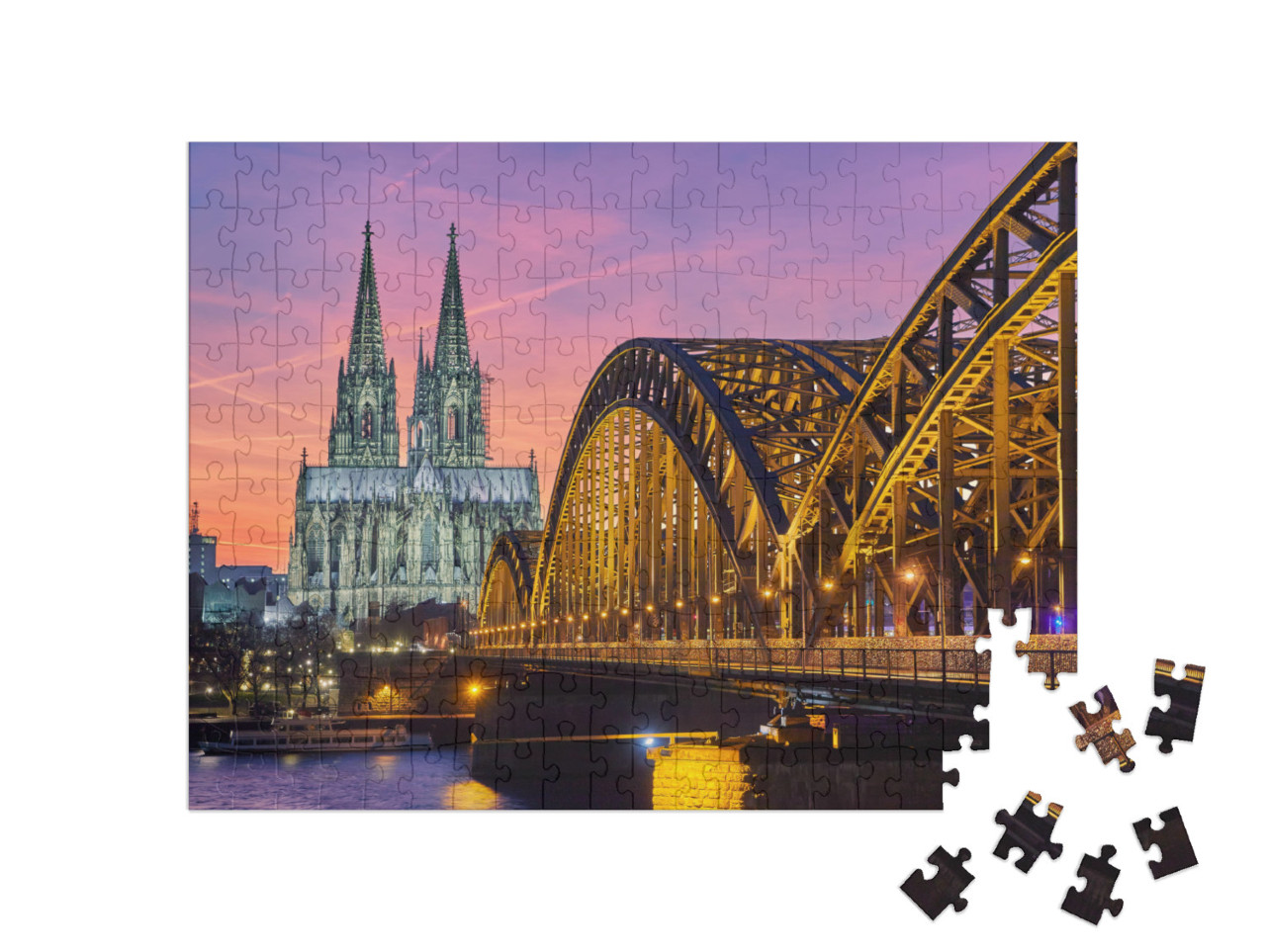 puzzle 200 dílků „Kolínská katedrála a Hohenzollernský most při západu slunce“