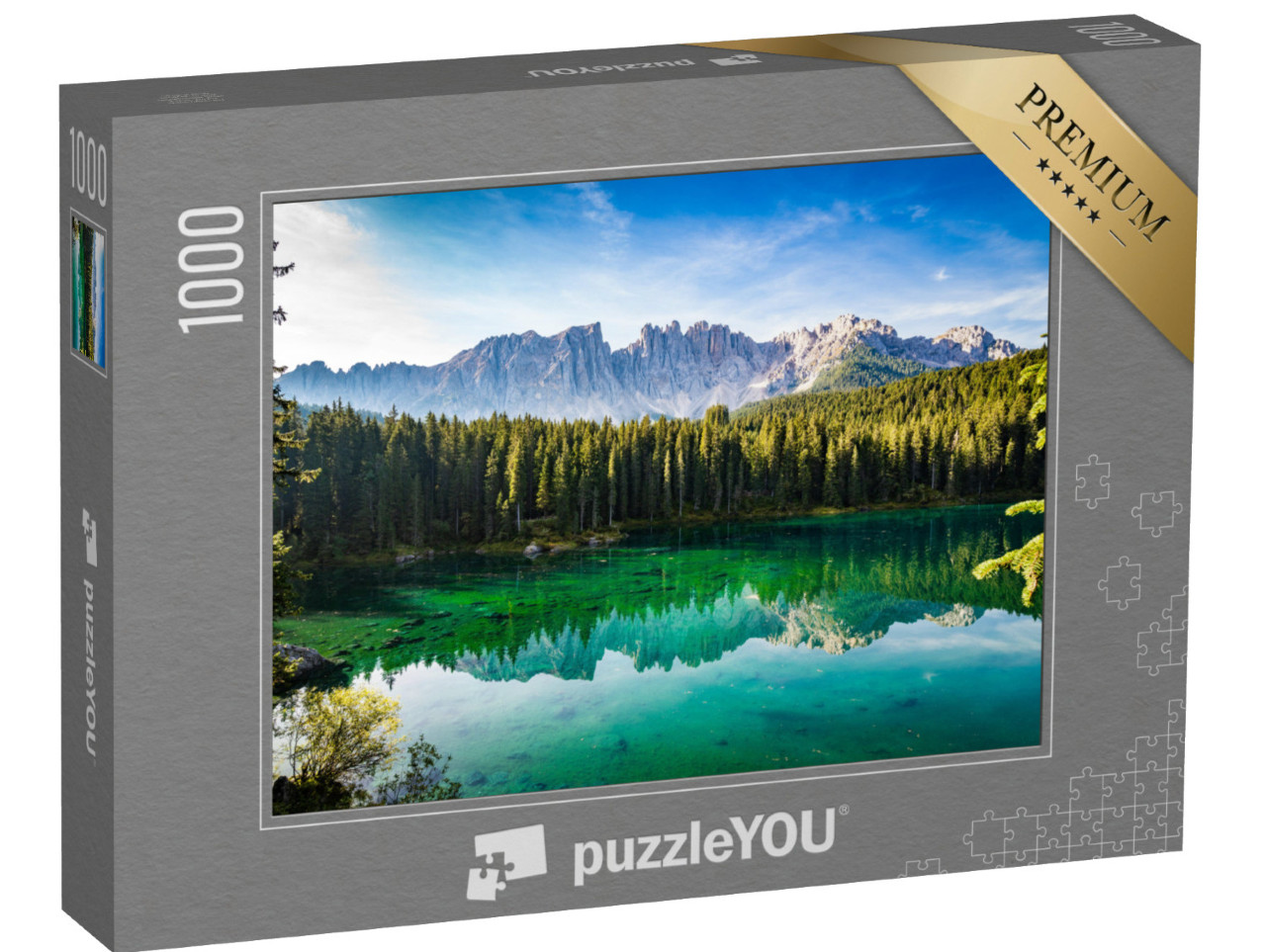 puzzle 1000 dílků „Slunečné ráno u jezera Carezza při východu slunce, Jižní Tyrolsko, Itálie“