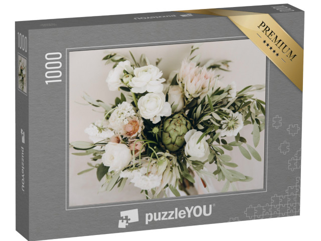 puzzle 1000 dílků „Svatební kytice z květin a zeleně s bílou stuhou“