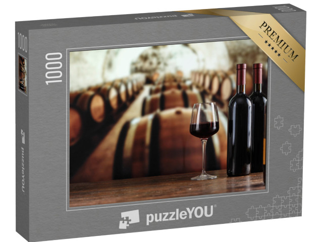 puzzle 1000 dílků „Vinný sklípek s lahví vína a sklenicemi“
