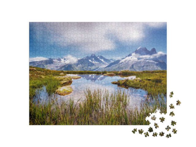 puzzle 1000 dílků „Malebný ledovec Mont Blanc s jezerem Lac Blanc, Aiguilles Rouges, Francie“