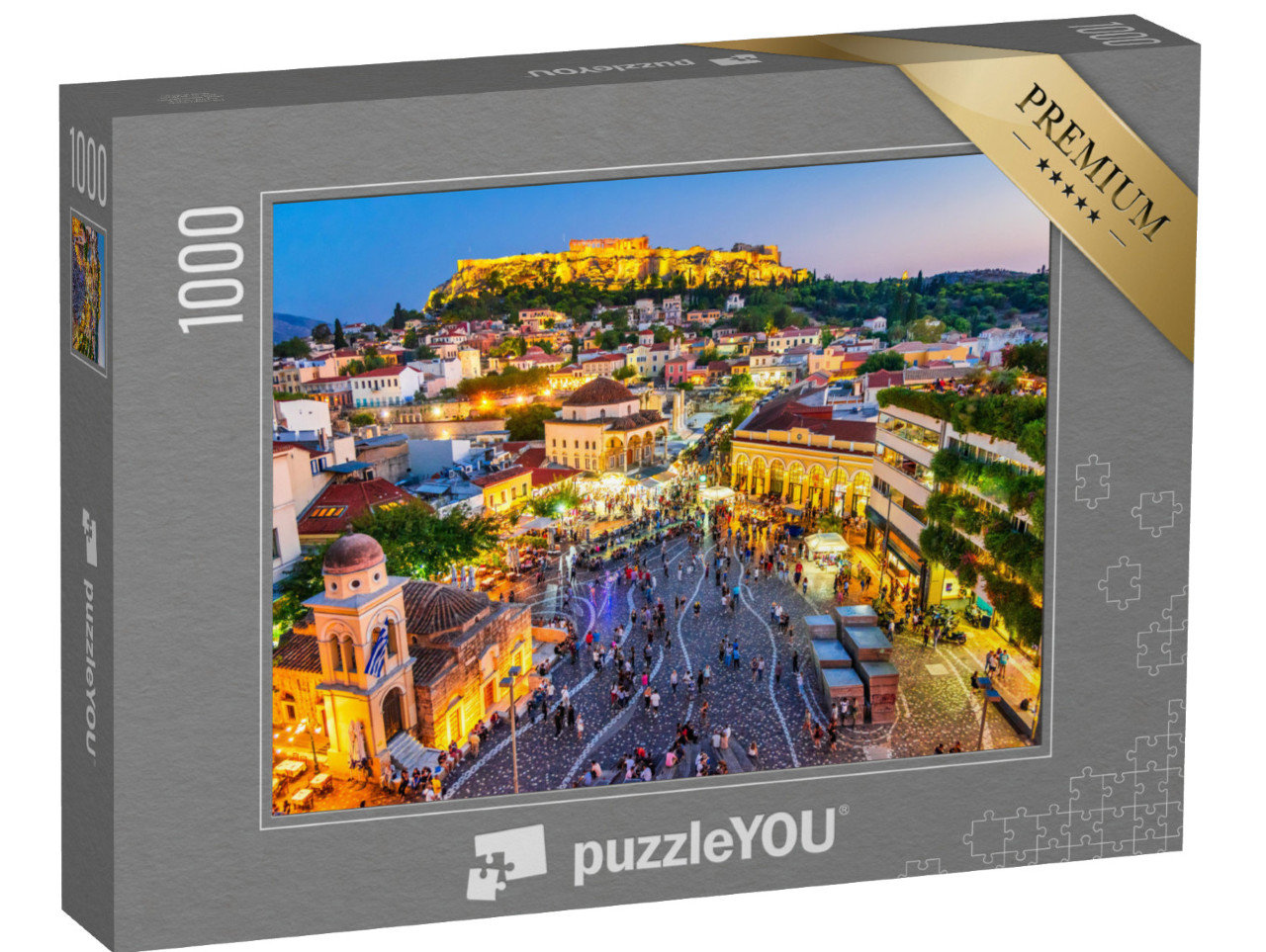 puzzle 1000 dílků „Náměstí Monastiraki a starověká Akropole večer, Atény, Řecko“