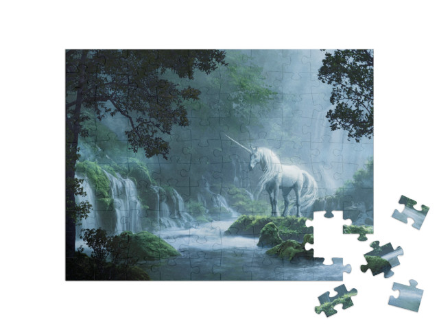 puzzle 100 dílků „Krásný jednorožec v kouzelném lese“