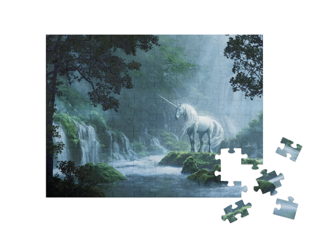 puzzle 100 dílků „Krásný jednorožec v kouzelném lese“